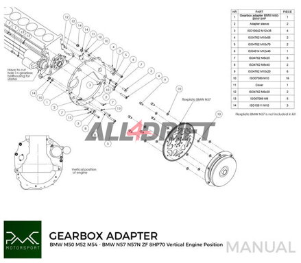 PMC adaptér pre motor BMW M50 S50 M52 M54 a prevodovky BMW N57N N57 Diesel ZF 8HP70 / M57N / M57N2 GS6-53DZ E90 330D E60 530D (VERTICAL)