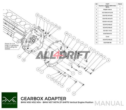 PMC adaptér pre motor BMW M50 S50 M52 M54 a prevodovky BMW N57N N57 Diesel ZF 8HP70 / M57N / M57N2 GS6-53DZ E90 330D E60 530D (VERTICAL)