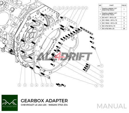 PMC adaptér pre motor GM Chevrolet LS V8 LS1 LS3 LS7 LSA LSX a prevodovky Nissan 350Z Z33 370Z Z34