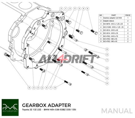 PMC adaptér pre motor Toyota JZ 1JZ 2JZ a prevodovky BMW N54 /GS6-53BZ / N54 GS6-45BZ / N52 N53 GS6-37BZ