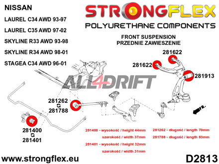 286212B Front suspension bush kit - Nissan R33 (93-98) AWD